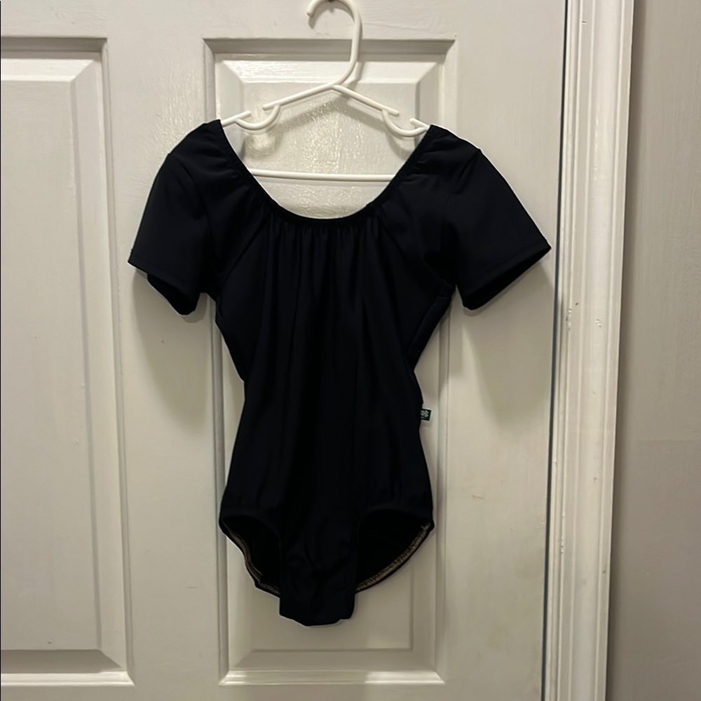 Luckyleo black cap sleeve, scoop neck ballet leotard